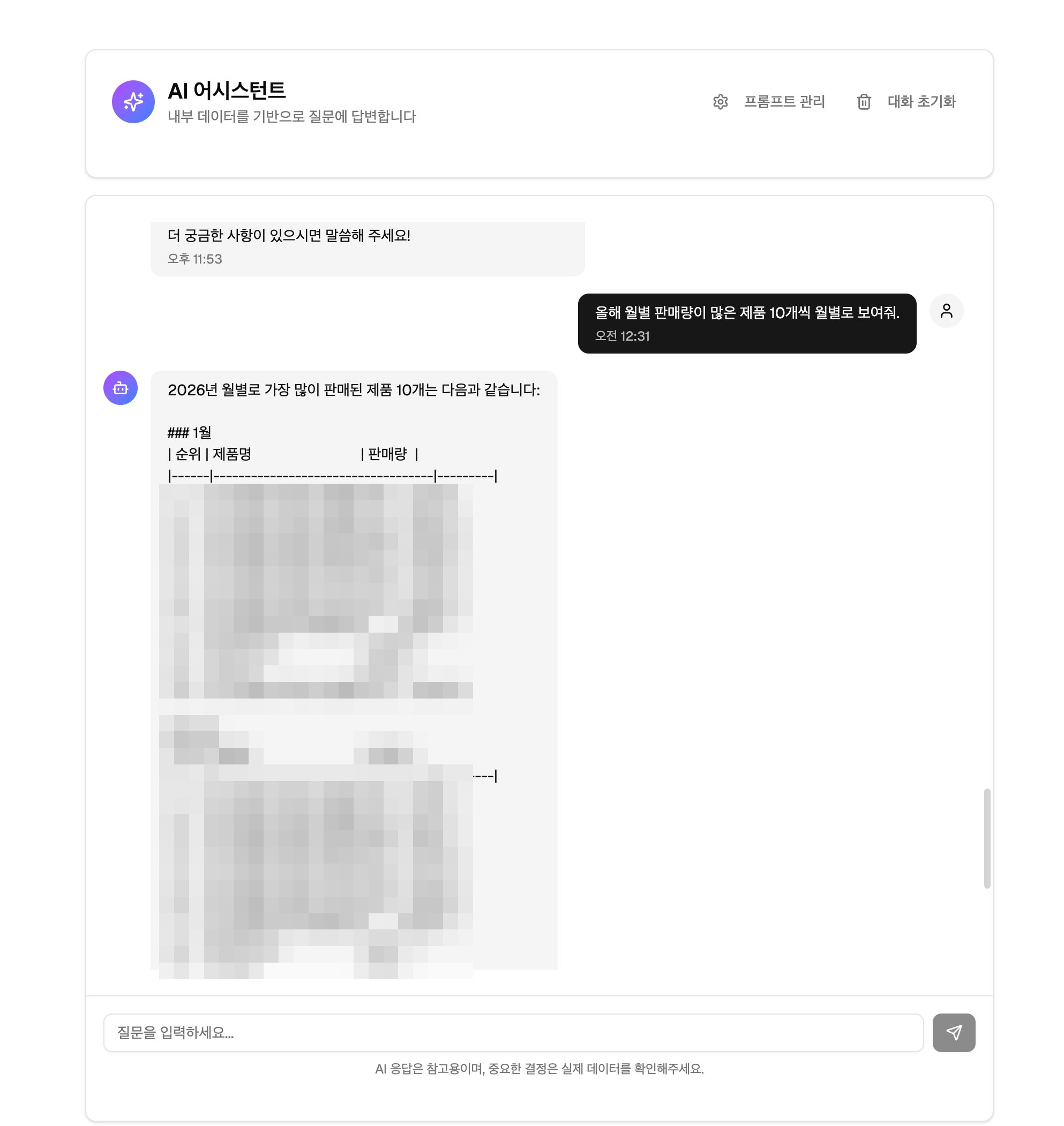 AI 어시스턴트 분석 화면
